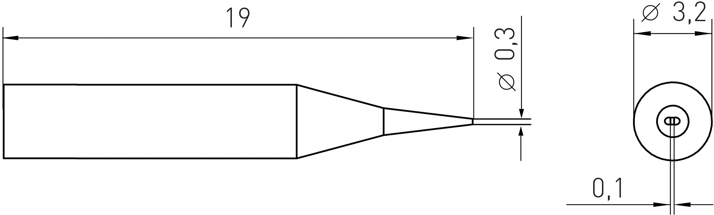 Line drawing of a cylindrical metal part with dimensions: length 19, diameter 3.2 and 0.3, width 0.1. Front and side view.
