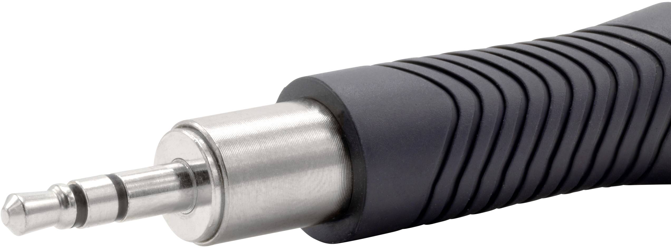 Close-up of a 3.5mm jack plug with a black ribbed cable.