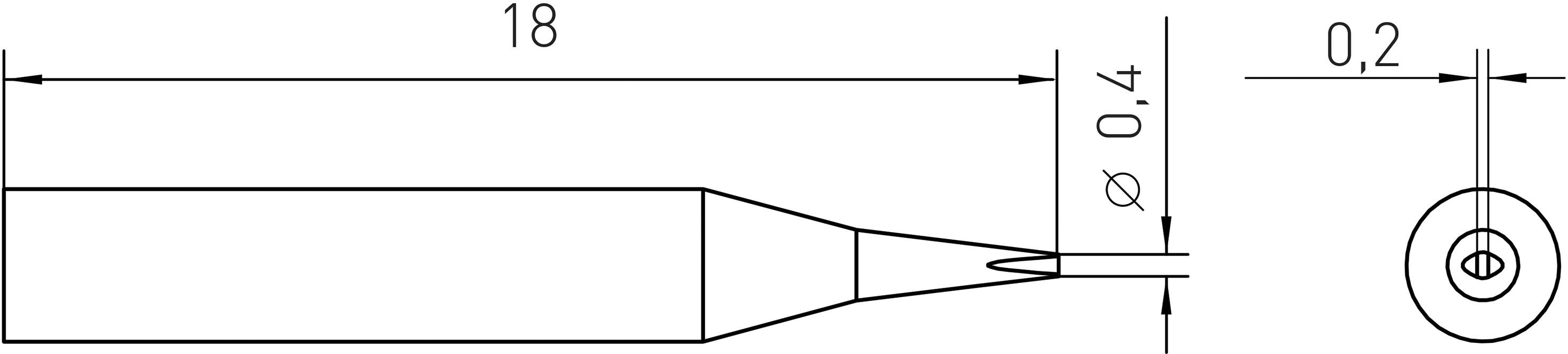 Drawing of a soldering tip with dimensions: length 18 mm, diameter 0.4 mm at the front, cross-section 0.2 mm. Top view and side view.