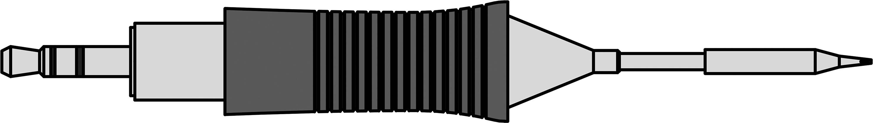 A schematic diagram of an RF coaxial connector, shown in a side view with various interlocking segments.