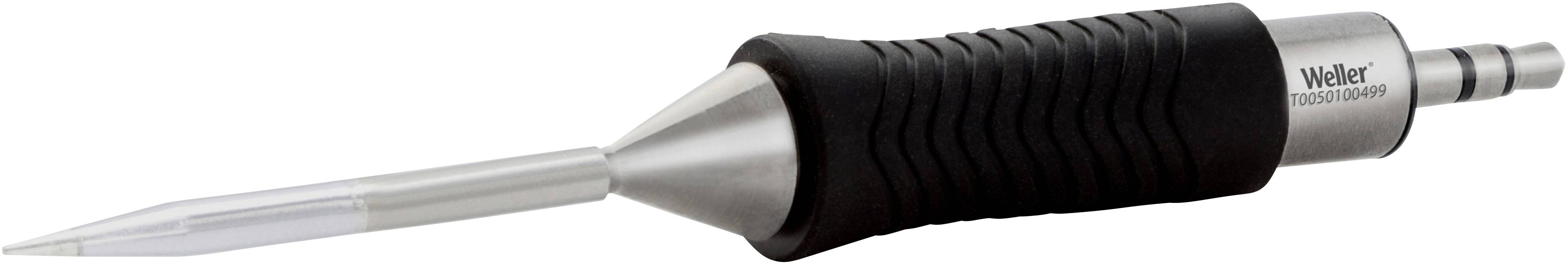 Soldering iron with a black and grey handle and silver tip, suitable for precise electronic work.