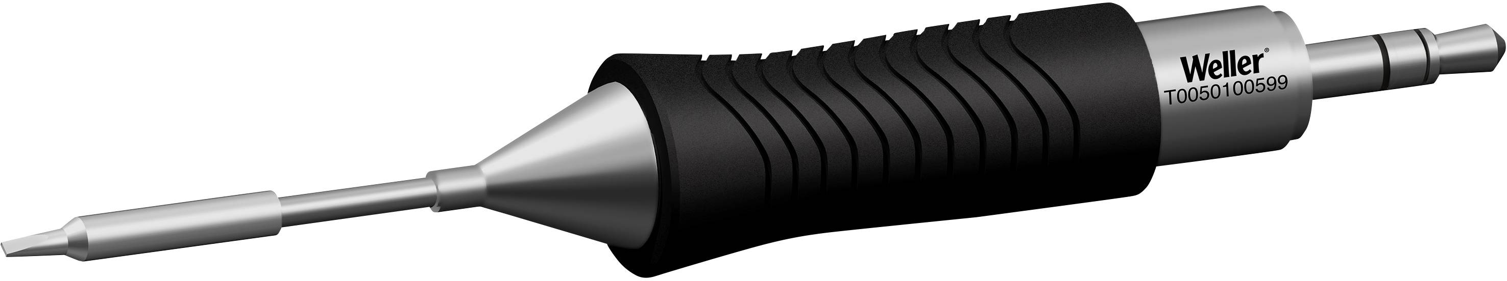 A soldering iron with a pointed tip and a rubber-coated handle, marked with 'Weller T0050100099'.