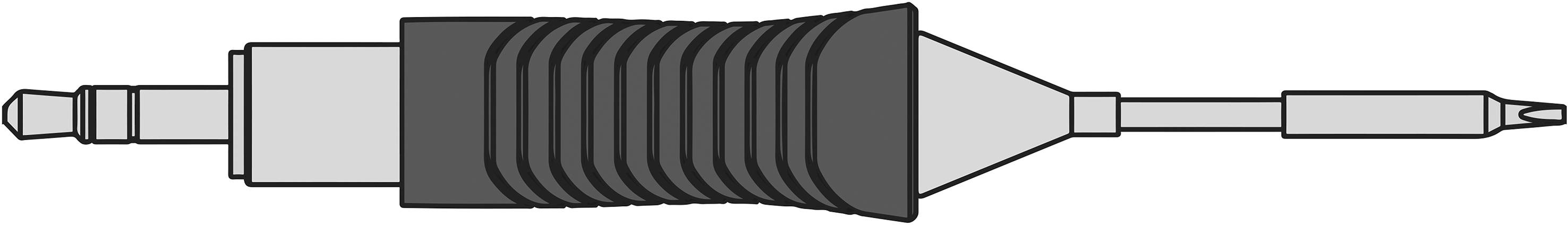 'Technical drawing of an electrical plug, comprising a ribbed handle and two connection pins of differing sizes.'