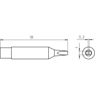 Technical drawing of a screwdriver bit with dimensions: length 18 mm, diameter 0.3 mm, cross-section including 1 mm dimension.