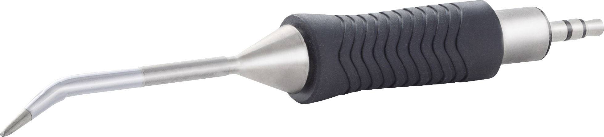 A dental ultrasonic device with a curved metal tip and textured handle. Used for dental cleaning.