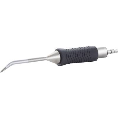 A dental ultrasonic device with a curved metal tip and textured handle. Used for dental cleaning.