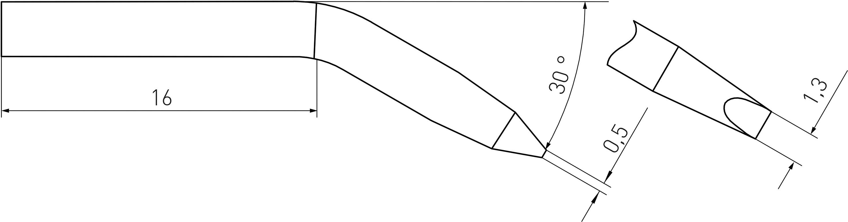 Technical drawing of a curved tool with dimensions. The main part is 16 long, angle of 30°, two end dimensions of 0.5 and 1.3.