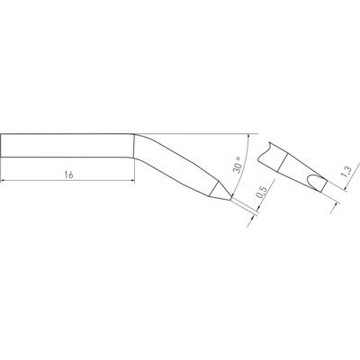 Technical drawing of a curved tool with dimensions. The main part is 16 long, angle of 30°, two end dimensions of 0.5 and 1.3.