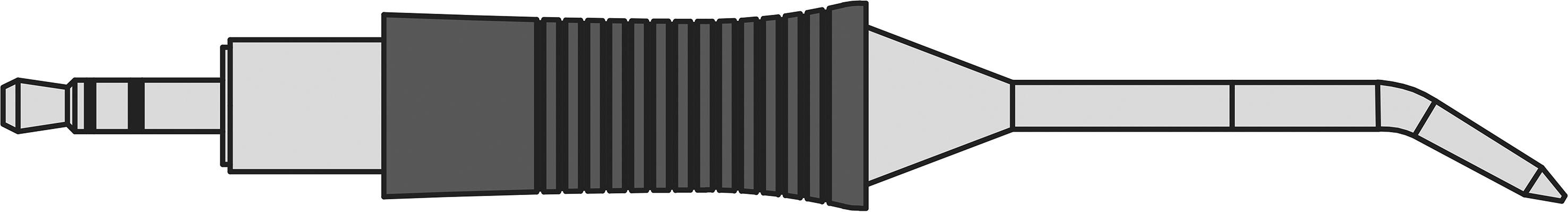 Technical drawing of a ridged nozzle with a long, curved outlet pipe; technical representation of a component.