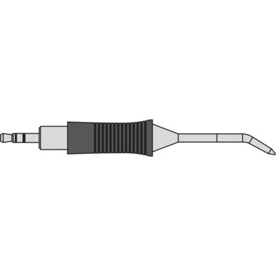 Technical drawing of a ridged nozzle with a long, curved outlet pipe; technical representation of a component.