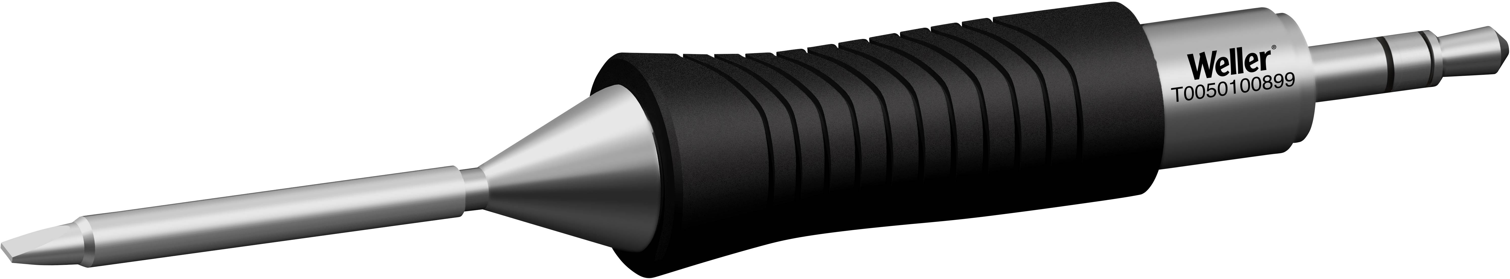 Soldering iron tip with rubber-coated handle and inscription 'Weller T0054510099', conically shaped metal tip for precision work.