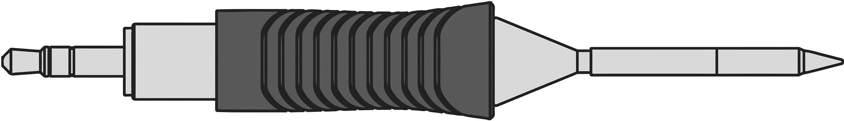 A technical drawing of an adapter with a ribbed pattern in the centre. On the left, a smaller connection, on the right, a longer plug.