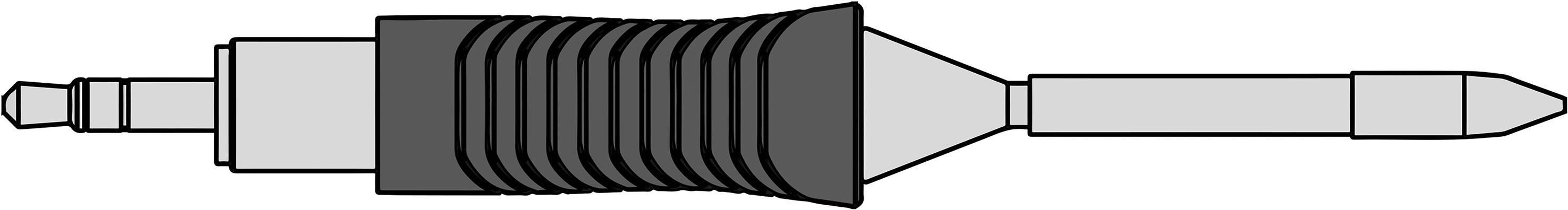 The connector illustration shows a phono (RCA) and a 6.35 mm jack plug. Both are connected by a flexible cable.