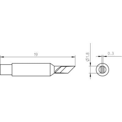 Technical drawing of a cutting tool with dimensions: length 19 mm, diameter 1.8 mm, additional details 0.3 mm. Side and front view.