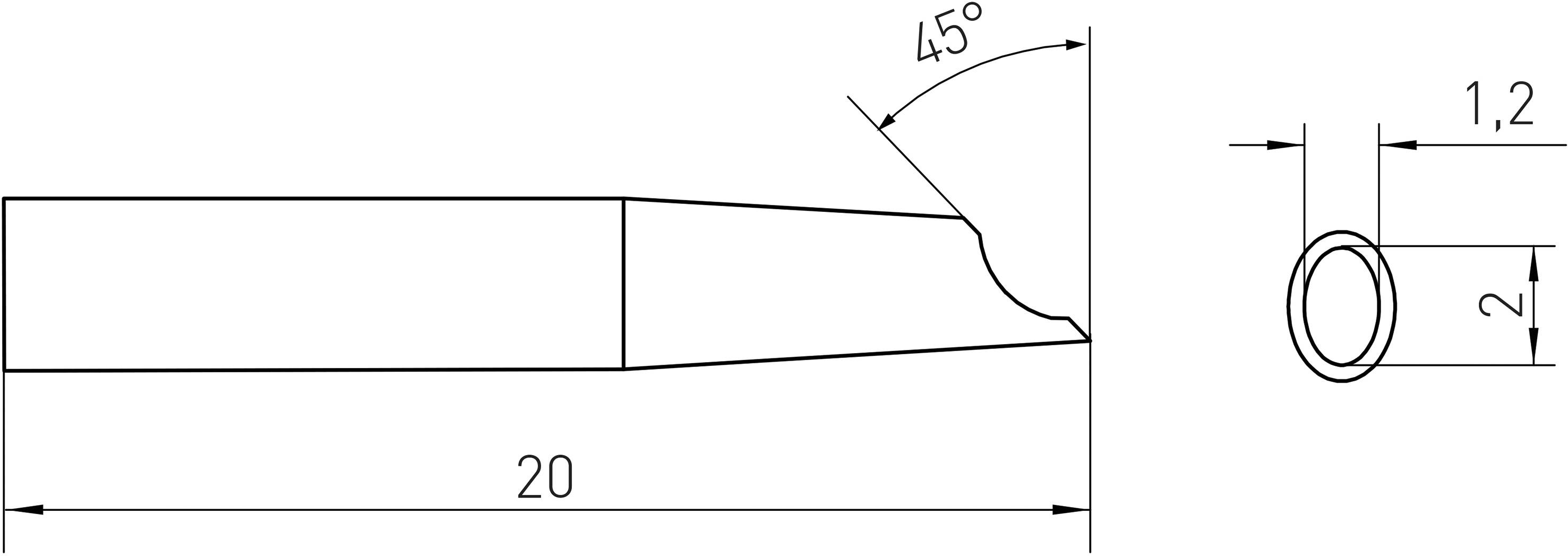Technical drawing of a cylindrical small tube with a 45-degree bevelled end, total length 20, diameter 2 and wall thickness 1.2.