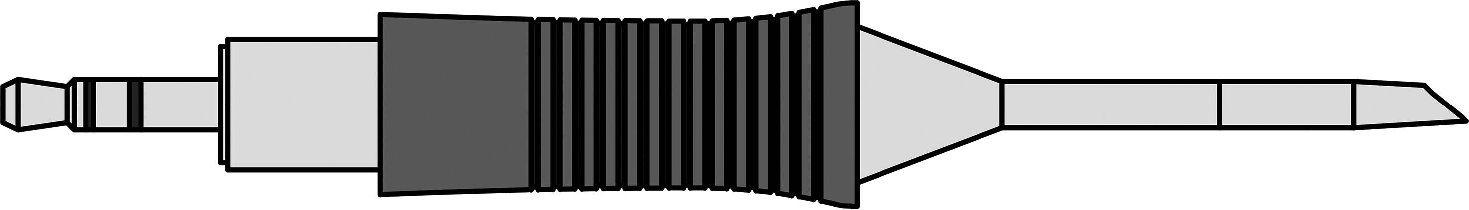 Linear technical drawing of a connector with a ribbed central section and metallic ends, side view.