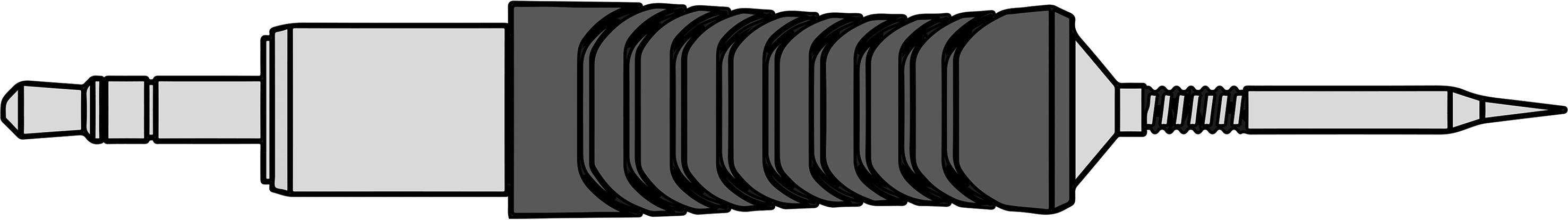Part of a hydraulic system: A cylinder with a bellows that encloses a movable rod, shown in side view.