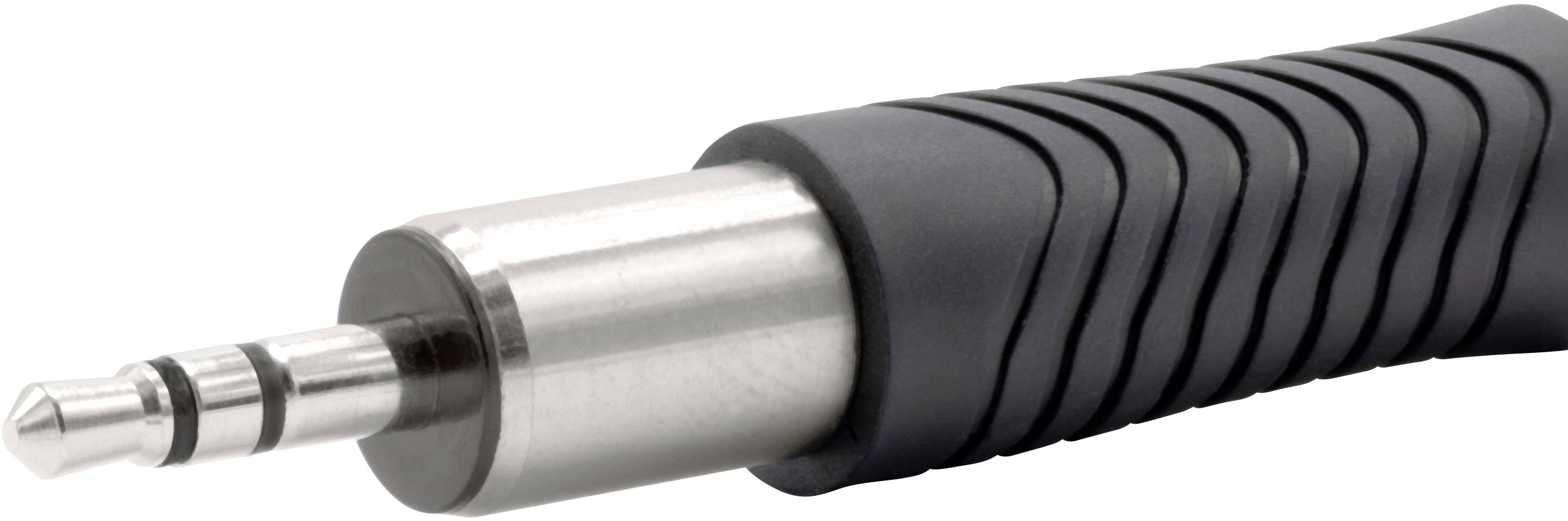 A black 3.5-mm jack plug with a knurled grip, commonly used for headphones or audio devices.