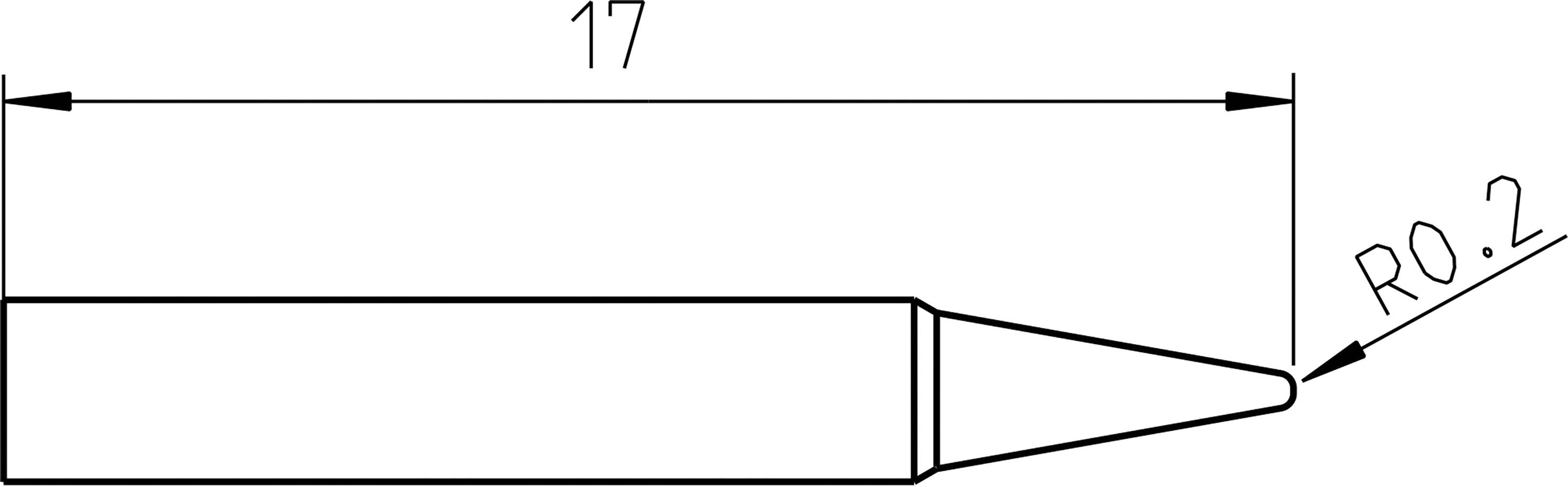 Soldering Tip Drawing: Total length 17 mm, tip with a radius of 0.2 mm.