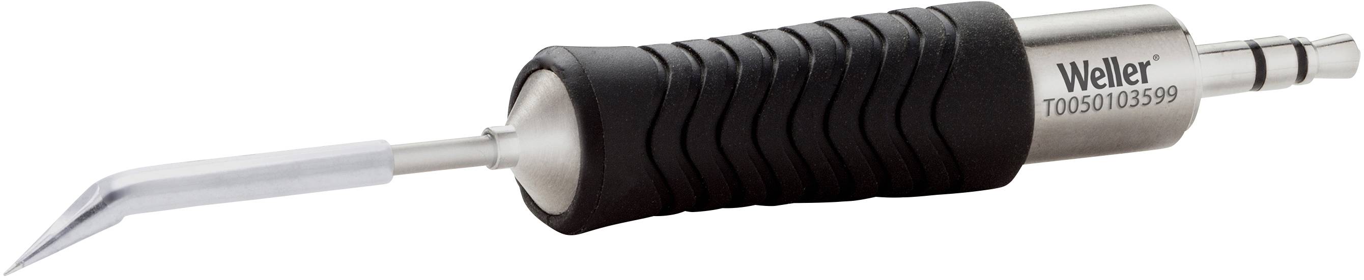 A soldering iron with an electric-powered heating element, featuring a curved metal tip and a black rubberised handle, branded with 'Weller'.