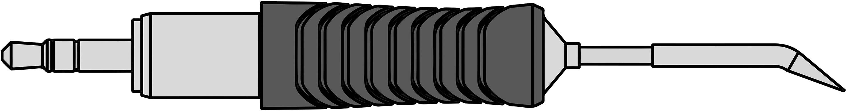 Figure of an air ratchet tool with a ribbed handle and metal attachment. Tool is typically used in automotive repair.