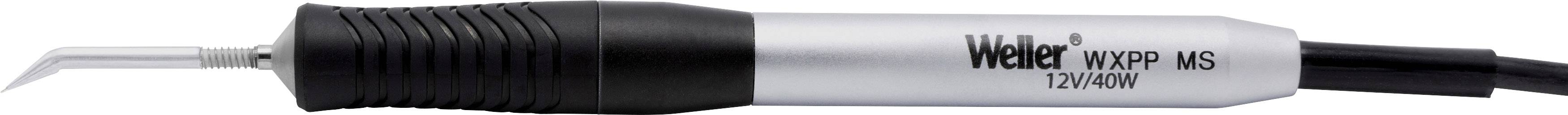 Soldering iron with black handle and curved tip, brand Weller, model WXPMS, 72W/24V, used for soldering electronic components.