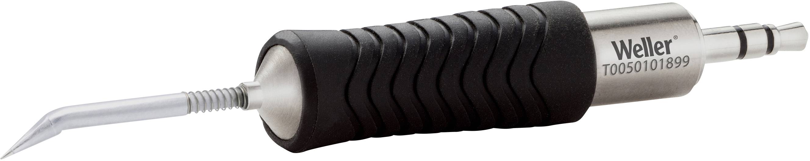 Soldering iron with black handle and curved tip, marked with 'Weller T0050101899'.