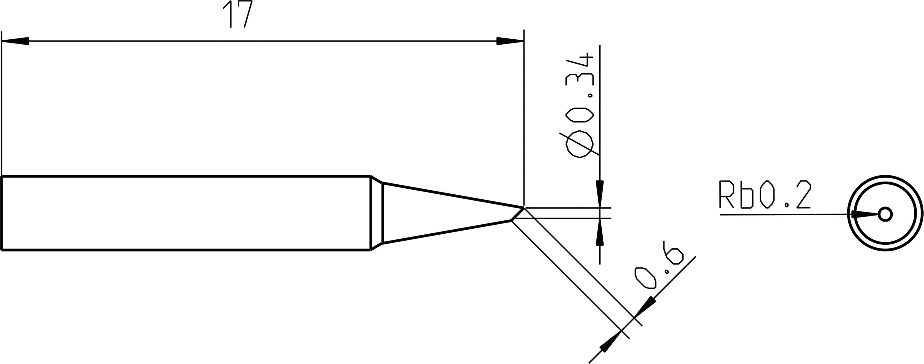 Technical drawing of a welding device with dimensions: Length 17 mm, Diameter 0.34 mm, Angle 0.6°, Radius connection Rb 0.2 mm.