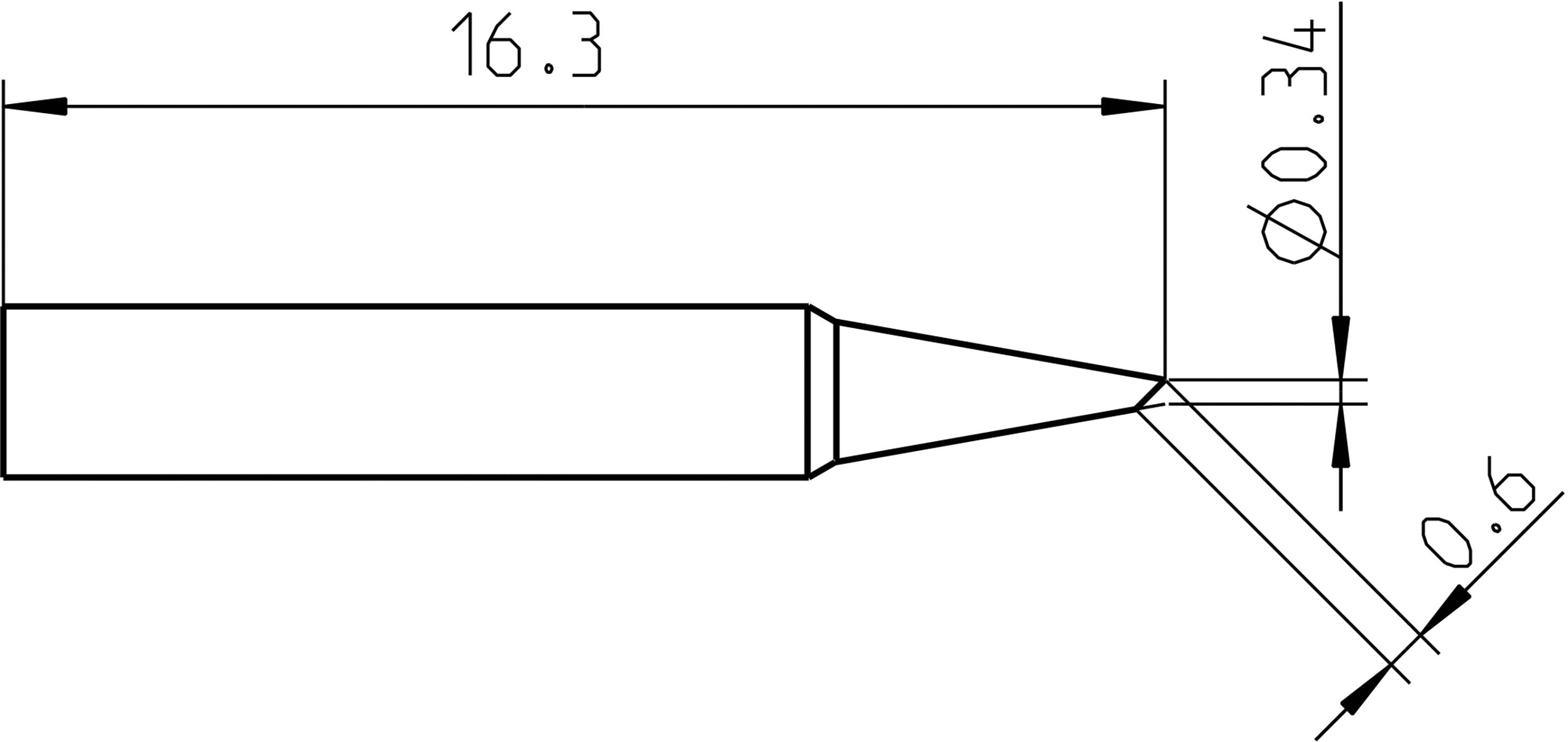 Technical drawing of a soldering iron tip. Total length 16.3 mm, tip diameter 0.34 mm, angle 0.6 degrees.