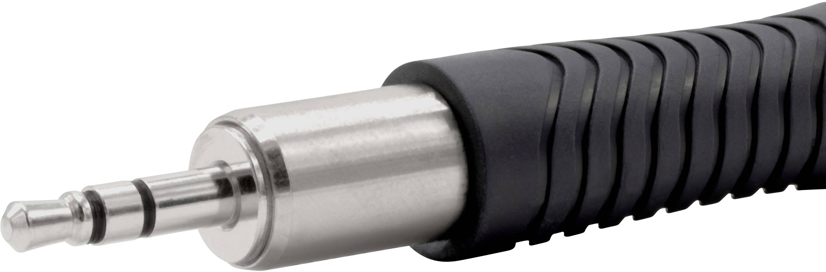 Close-up of a 3.5mm audio jack with a black, ribbed cable. The jack is made of metal and gleams.