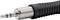 Close-up of a 3.5mm audio jack with a black, ribbed cable. The jack is made of metal and gleams.
