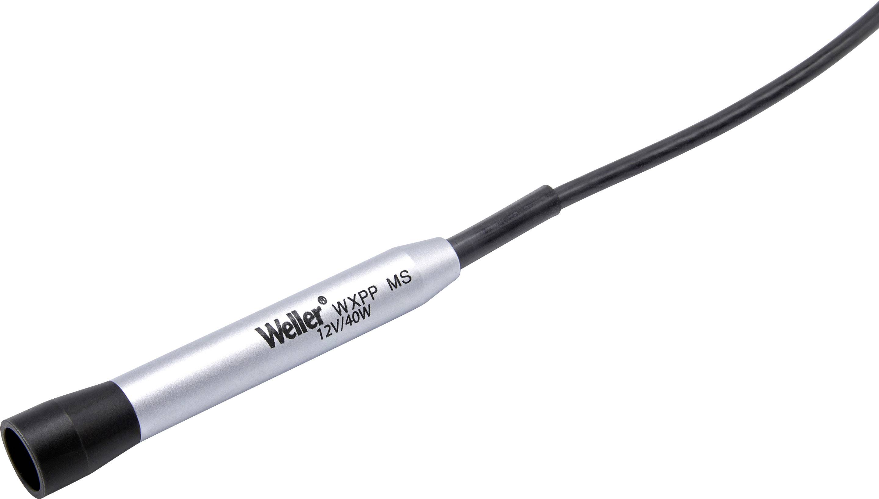 Weller soldering iron, model WXPP MS, 12V/40W, is positioned at an angle. The tool is silver with a black tip and cable.