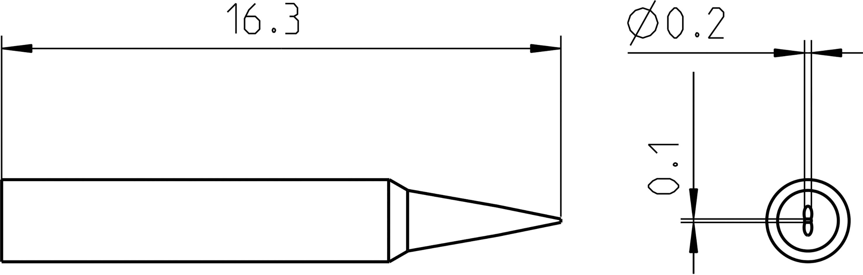 Technical drawing of a tool with an overall length of 16.3 mm and a tip diameter of 0.2 mm.