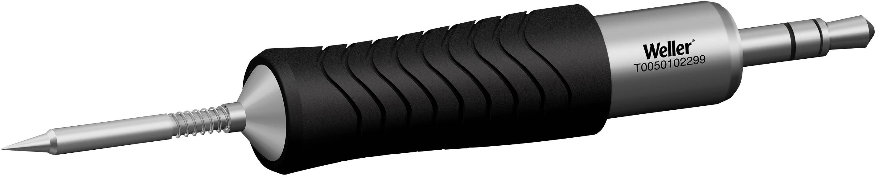 Soldering iron with a narrow, pointed tip and ergonomic handle. 'Weller' brand on the handle.