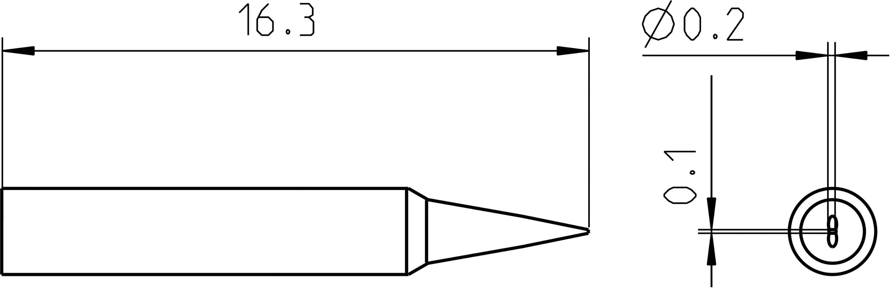 Technical drawing of a measuring tip with overall length 16.3 mm and diameter 0.2 mm, side diameter 0.1 mm.