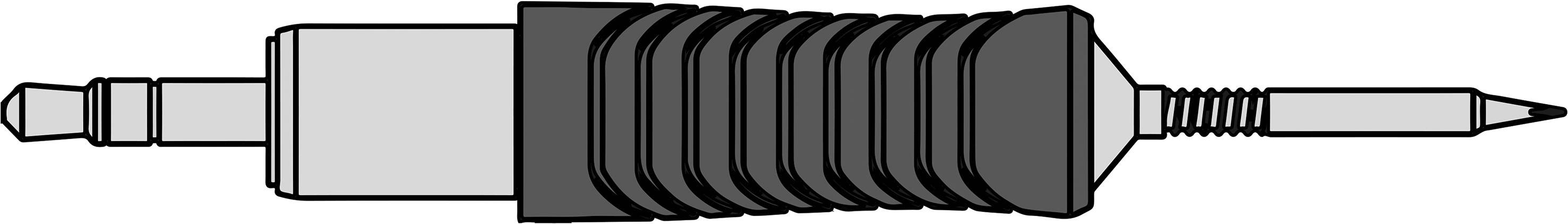 A technical drawing of a pushrod with a flexible section in the middle. On the left is a square connection, on the right a long, thin tip.
