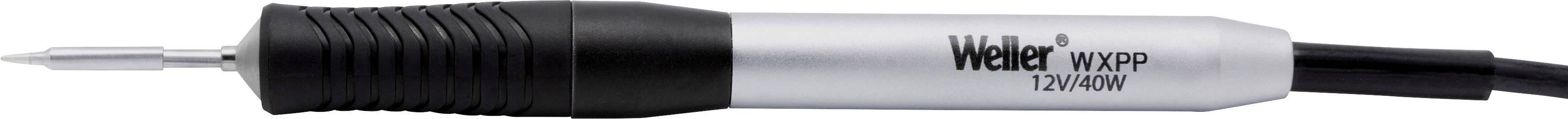 Soldering iron with a black handle and silver casing, with 'Weller WXPP 12V 40W' printed on it. Black cable on the right side.