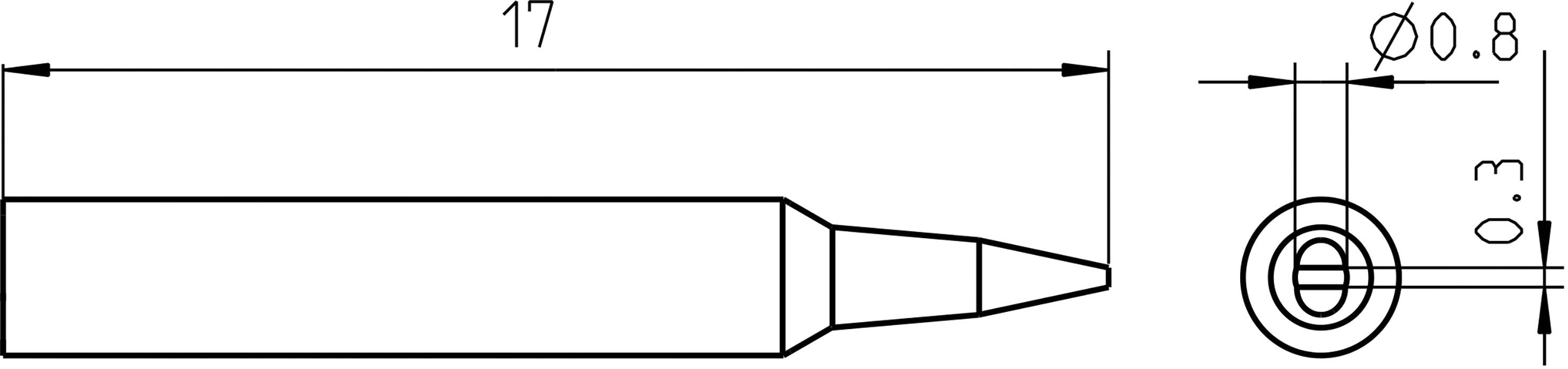 Technical drawing of a cylindrical object with a pointed end. Length 17, diameter 0.8, smaller diameter 0.3.