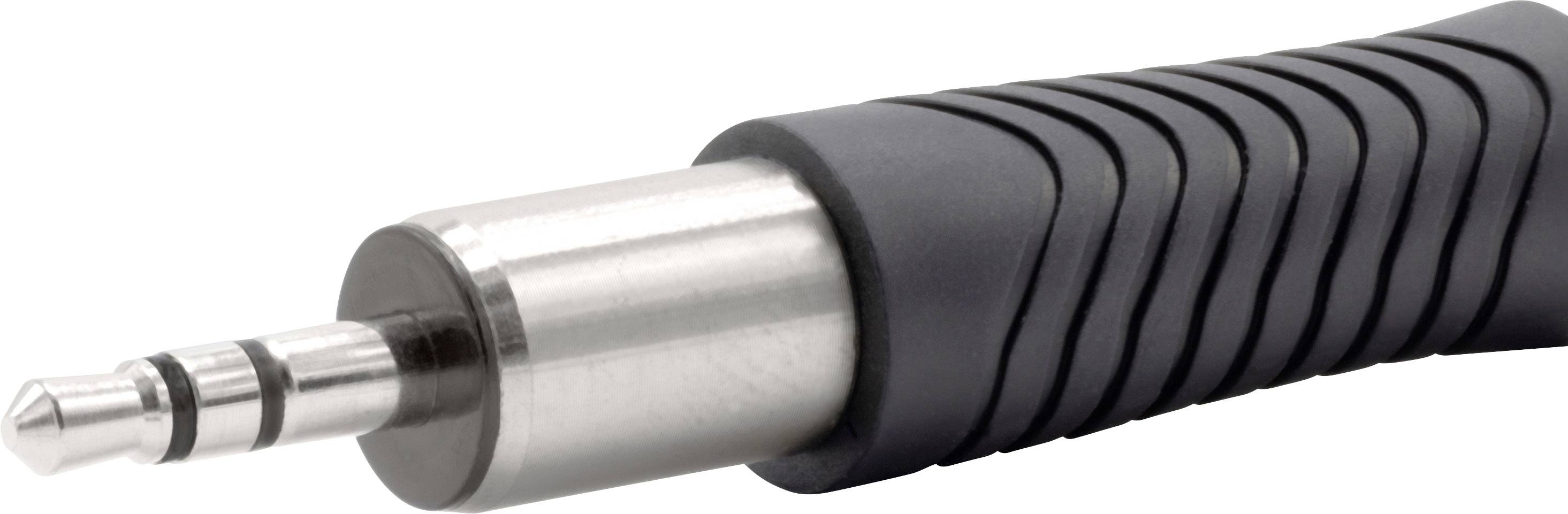 Close-up of a 3.5mm stereo jack plug with a metal tip and ribbed black grip, commonly used for audio devices.