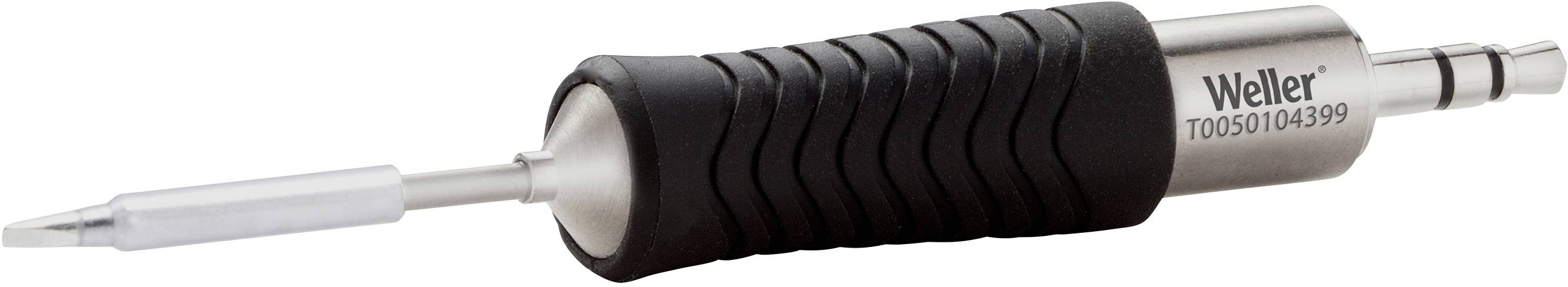 A soldering iron with a black, ribbed handle and silver tip. On the metal part, it reads 'Weller T0050104399'.