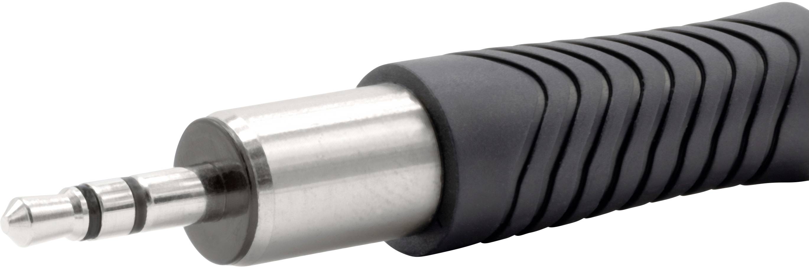 3.5mm jack plug with three rings, surrounded by a ribbed, black plastic grip.