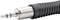A black audio cable with a silver jack plug, used for connecting to audio output devices.