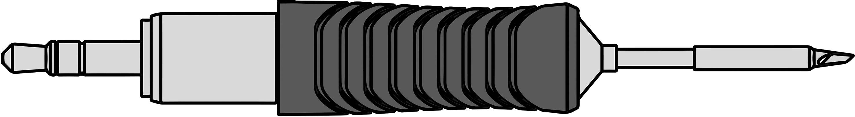 Black and white drawing of a connector with a ridged grip on the left and a long, thin tip on the right.