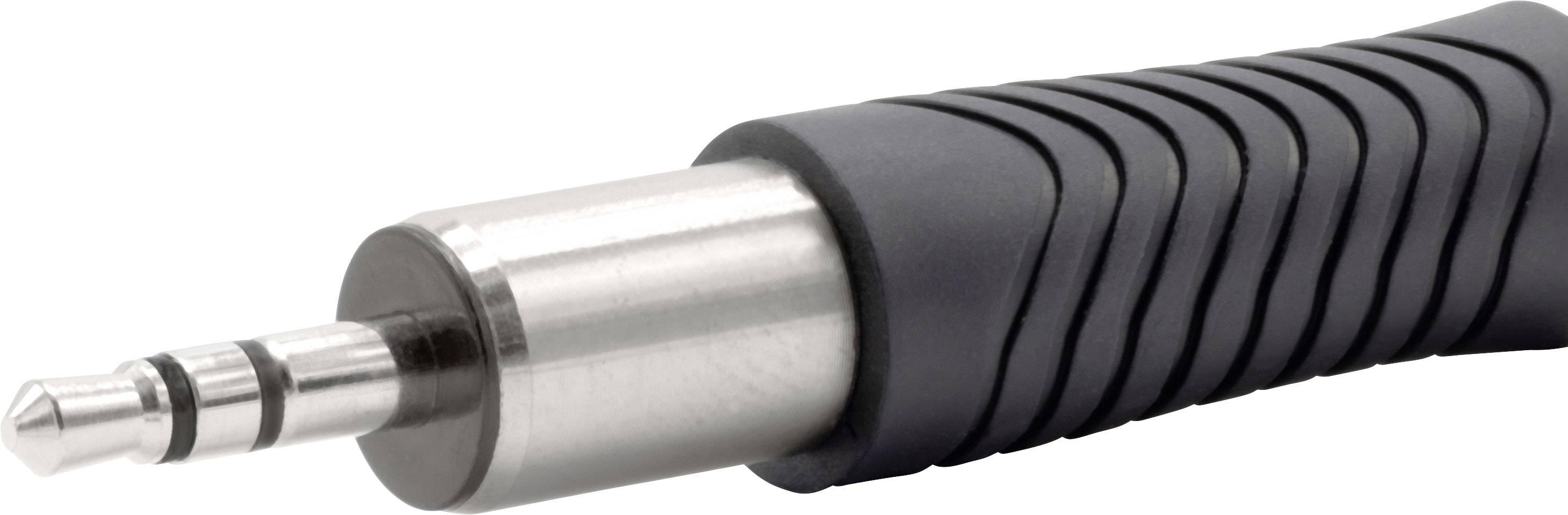 A black audio cable with a silver 3.5 mm jack plug on a white background.