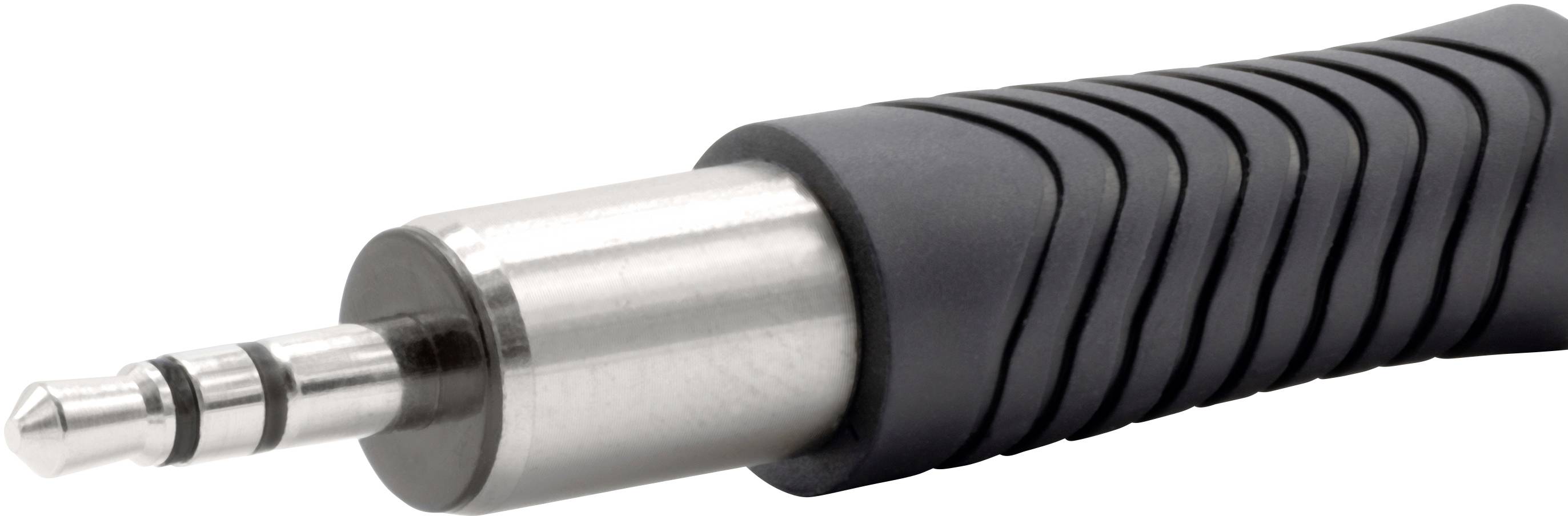 A black 3.5-mm jack plug with a metallic tip and knurled grip, used for signal transmission between audio devices.