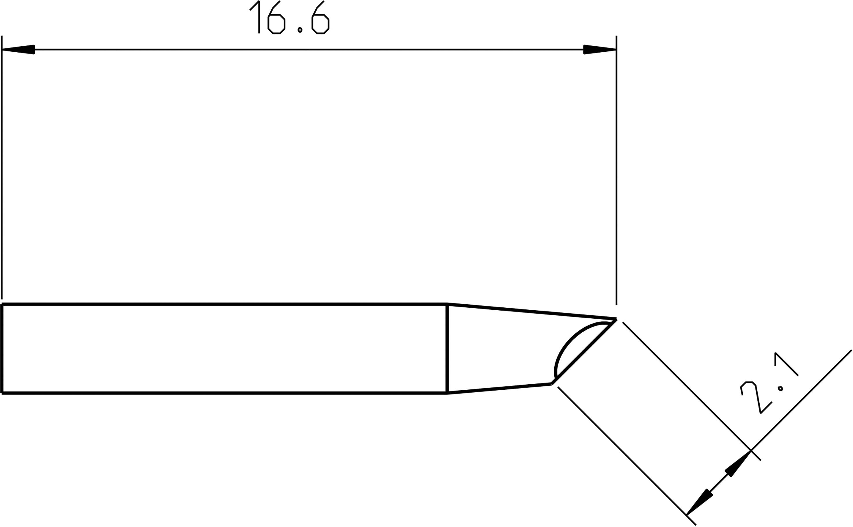 Technical drawing of a cylindrical pin with dimensions of 16.6 and a chamfered end at an angle of 2.1 degrees.