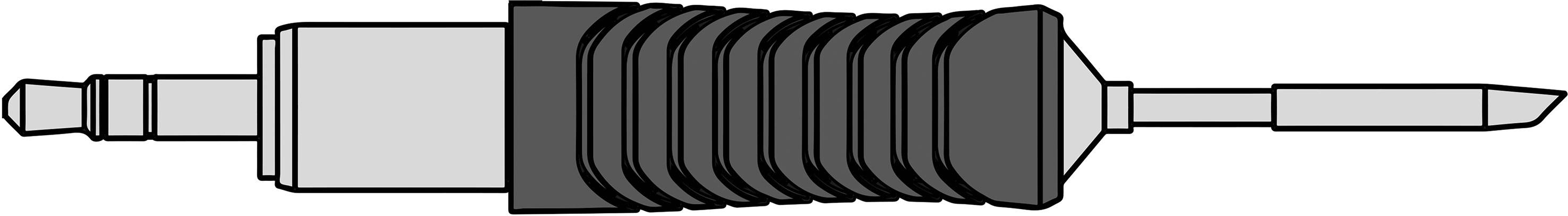Plug with ribbed casing, metal pin on the right side, socket on the left. Connects audio devices.