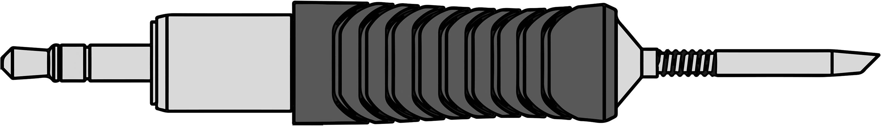 Bucket head of a compact excavator, a rectangular metal body with a ribbed, black grip area and a tapering metal tool at the front.