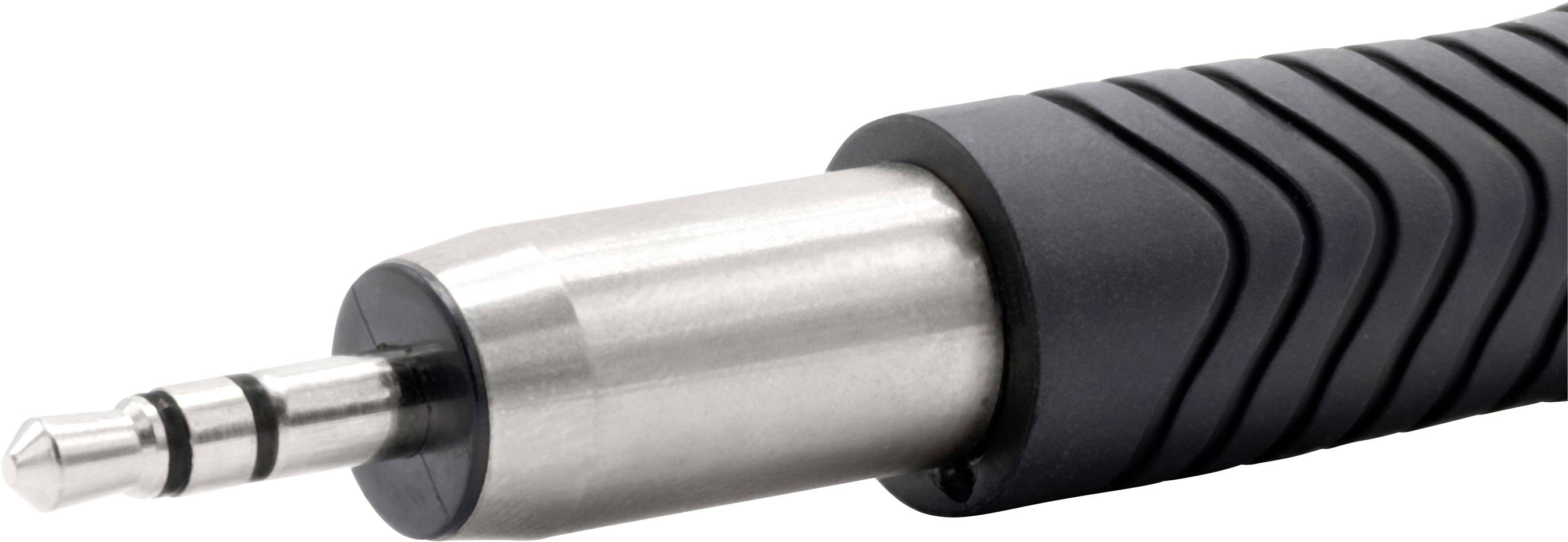 Close-up of a cable with a 3.5mm jack plug. The plug has metal contacts and is connected to a structured black cable.