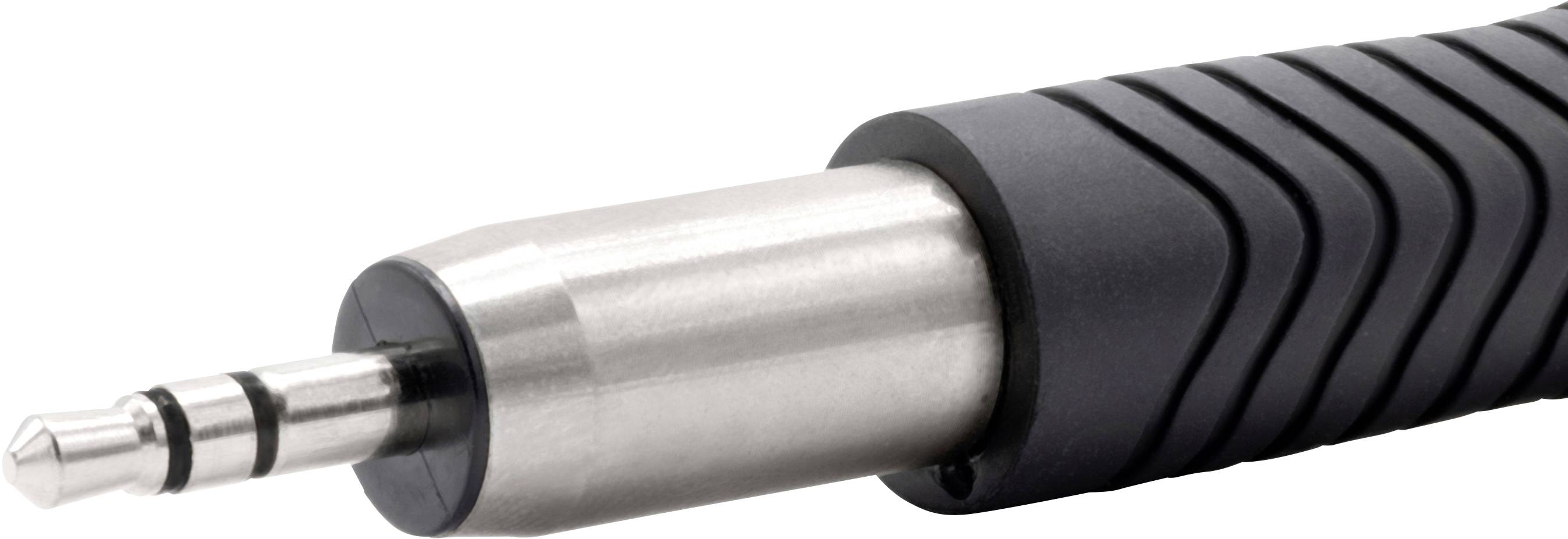 Close-up of a silver 3.5mm jack plug with a black ribbed grip. The plug is used for audio connections.